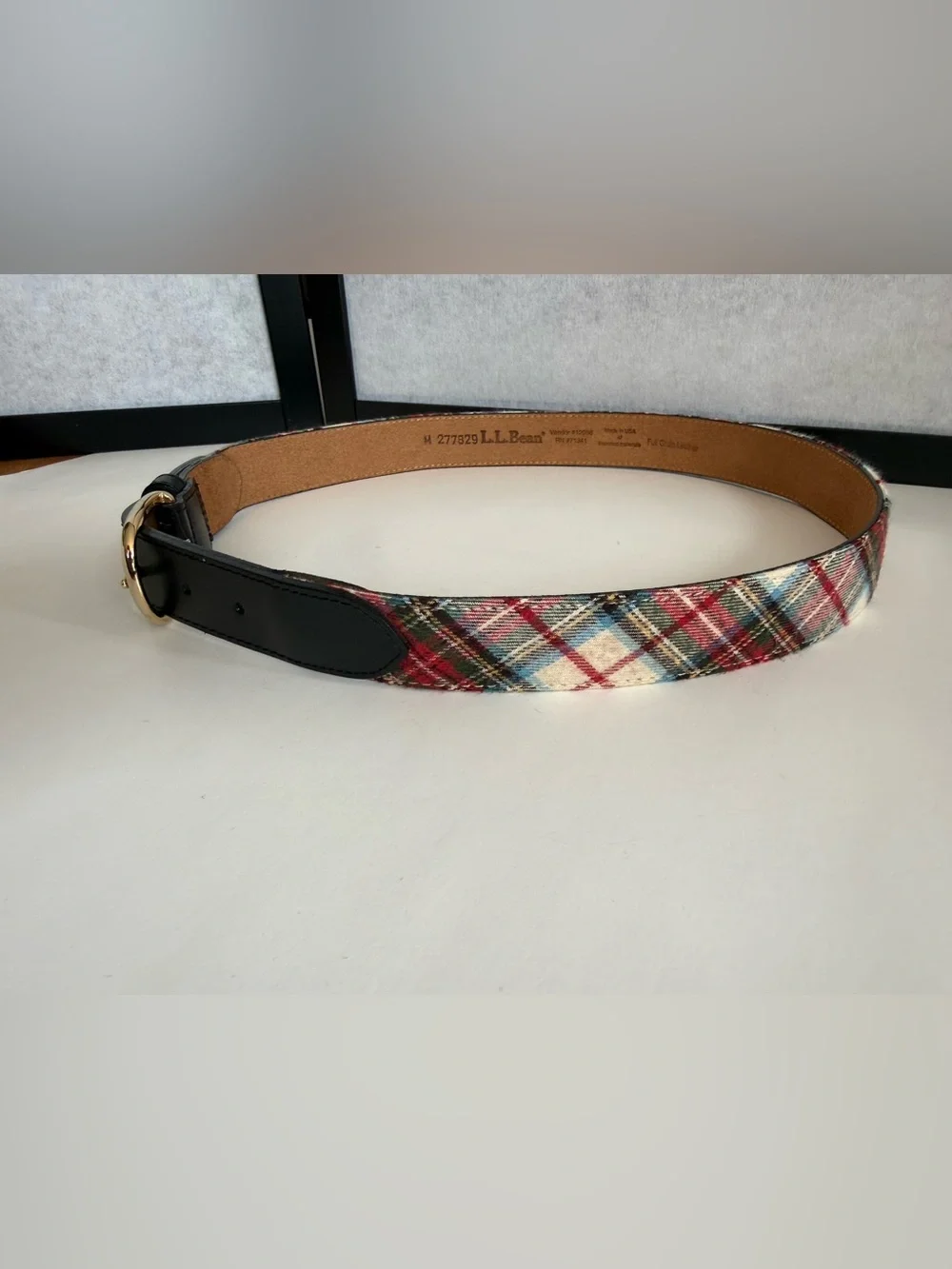 L.L.Bean Stewart Tartan Plaid with Black Leather Club Belt Medium USA Made